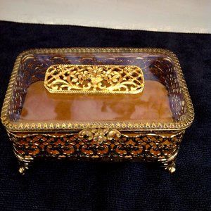 Vintage Gold Trinket Filigree Beveled Glass Jewelry Casket